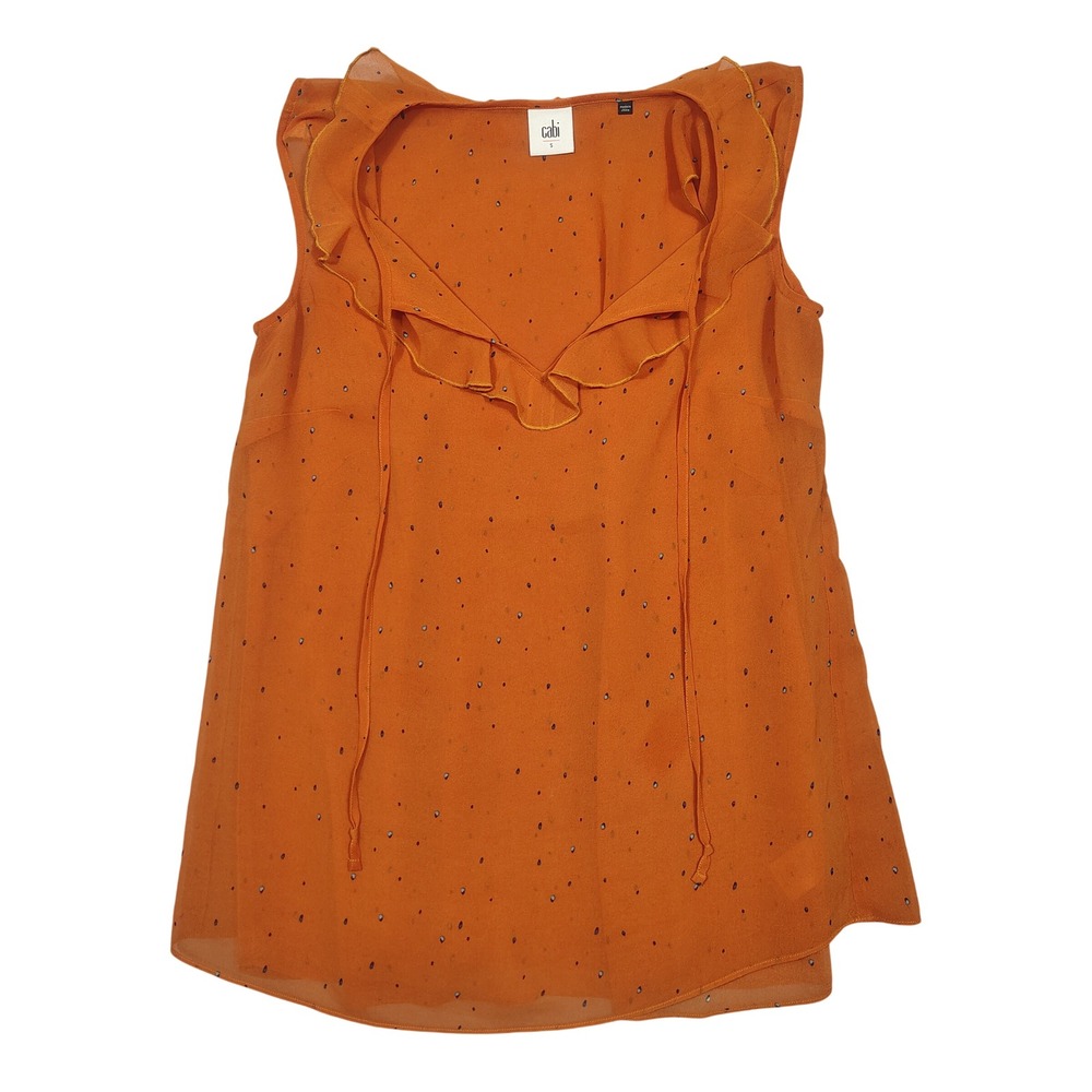 Cabi Blouse Womens S Ruffle Neck Sleeveless Dotted Burnt Orange 3764 Top